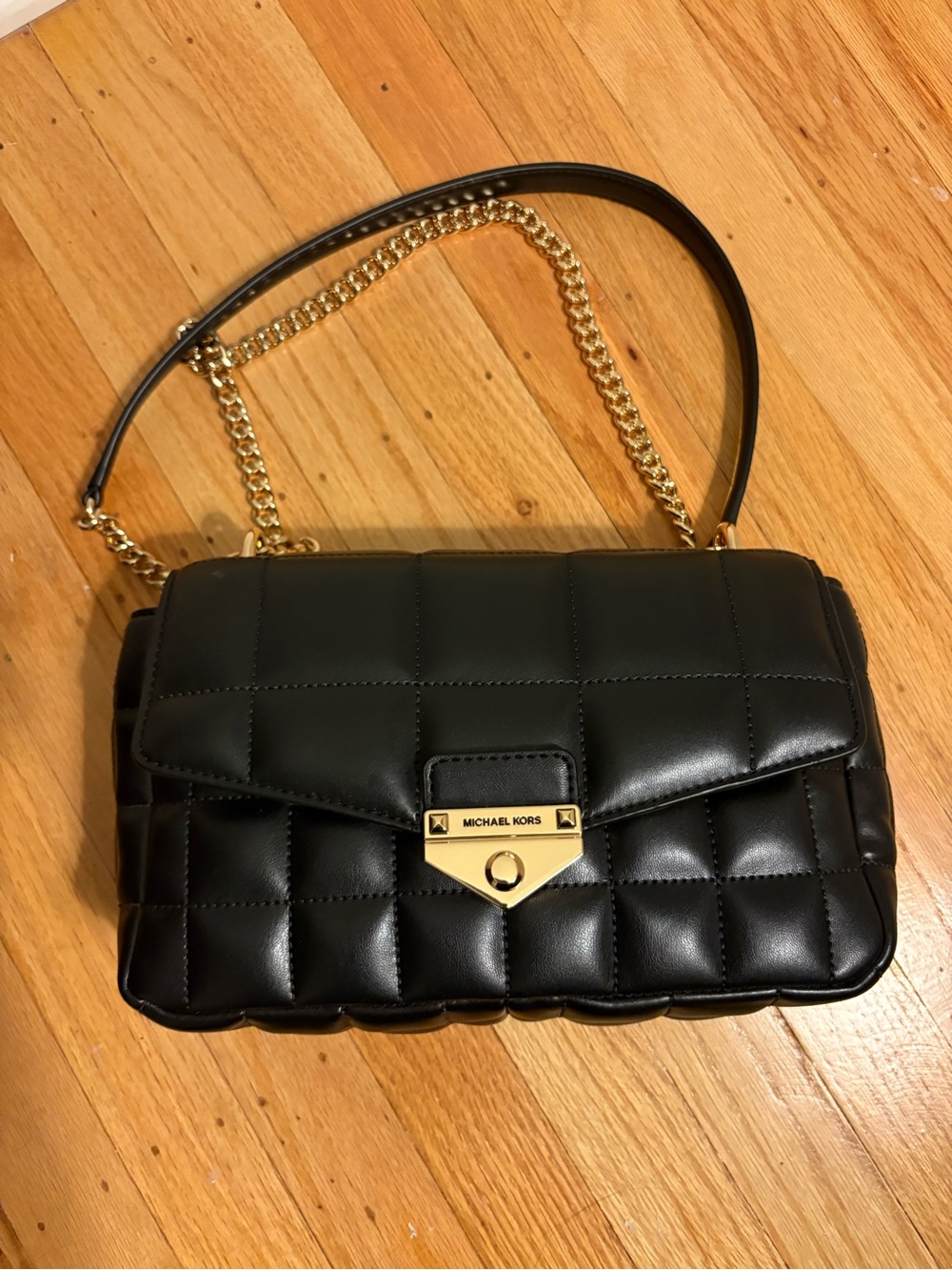 Michael Kors Black Quilted Vegan Leather Shoulder Bag with Gold Hardware